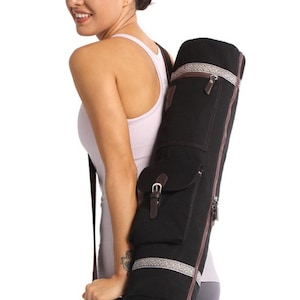 Black Deluxe Yoga Mat Bag | Zippered Canvas Tote with Pockets & Adjustable Strap | Water Repellent, Durable and Stylish