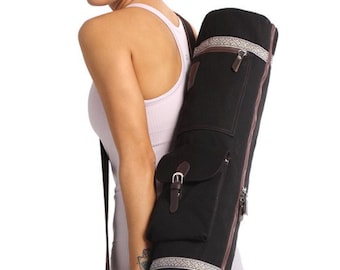 Black Canvas Yoga Mat Bag: Water Repellent Tote with Pockets