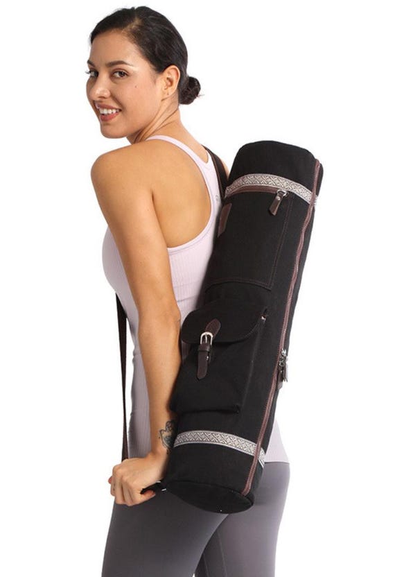 Black Canvas Yoga Mat Bag: Water Repellent Tote with Pockets