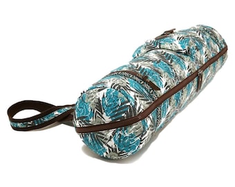 Teal Tropics Yoga Mat Bag: Zippered Cotton Canvas Carrier with Pockets