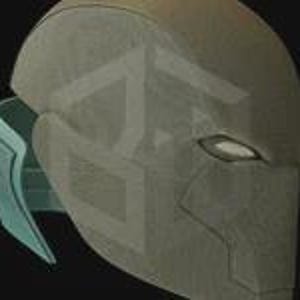 May include: A digitally rendered, gray helmet with a geometric design on the front and a light blue strap. The helmet has a futuristic aesthetic, with a stylized eye slit.