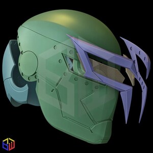 May include: A futuristic green helmet with a visor featuring a purple and gray design. The helmet has a rounded top and angular features, with a mesh screen over the eye area. The design suggests a sci-fi or cosplay theme.