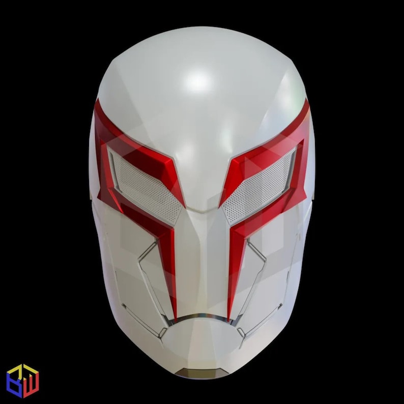 May include: A white and red superhero mask with a futuristic design. The mask features red accents around the eyes and a geometric shape. The eye openings have a mesh-like texture. The mask is made of a smooth, glossy material.