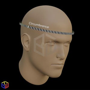 May include: A mannequin head with a black and white striped measuring tape around the head. The word "Circumference" is printed on the tape. The head is a light tan color and is set against a black background.