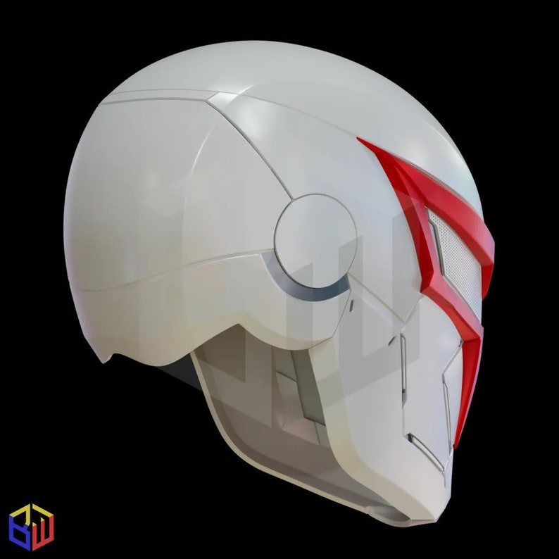 May include: A white futuristic helmet with red accents around the eye area and a mesh visor. The helmet has a smooth, glossy finish and a complex, angular design. The overall aesthetic suggests a sci-fi or cosplay theme.