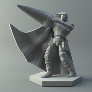 May include: A gray, geometric statue of a figure in armor, holding a large, stylized object. The figure stands on a square base, with a cape billowing behind it. The statue has a modern, angular design.