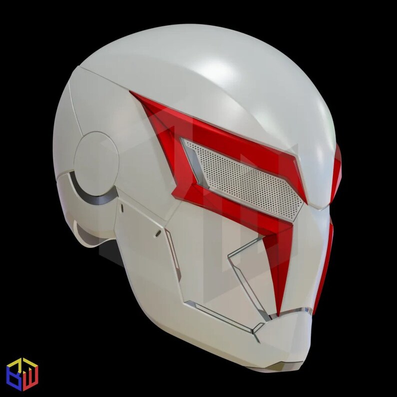 May include: A futuristic white helmet with red accents around the eye area. The helmet has a sleek, angular design with a mesh visor and a smooth, glossy finish. The overall aesthetic suggests a sci-fi or cosplay theme.