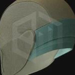 May include: A 3D rendering of a head wearing a light blue face mask. The mask covers the nose and mouth, with a band around the head. The head is a wireframe design, showing the internal structure. The background is dark.