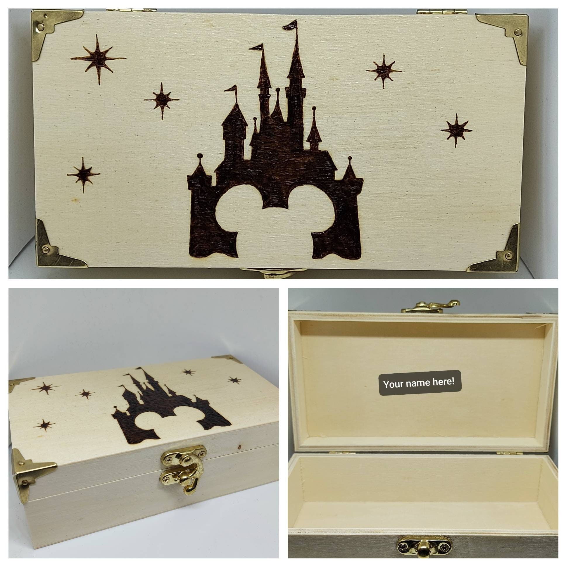 Disney castle inspired jewellery box Pyrography Mickey mouse Etsy