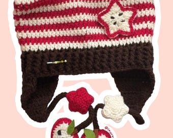 Apple Crochet Cat Ear Beanie // Striped Cat Ear Beanie, Alt Accessory, Y2K accessory