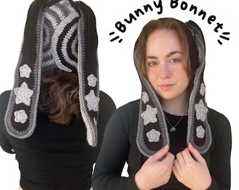 Black and Grey Bunny Ear Bonnet, balaclava, winter hat, concert wear, y2k alt accessory