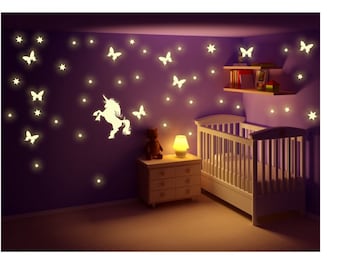 Wandtattoo nachtleuchtend Einhorn Fee Sterne Punkte Fluoreszierend Leuchtsticker Sternenhimmel Kinderzimmer Schlafzimmer