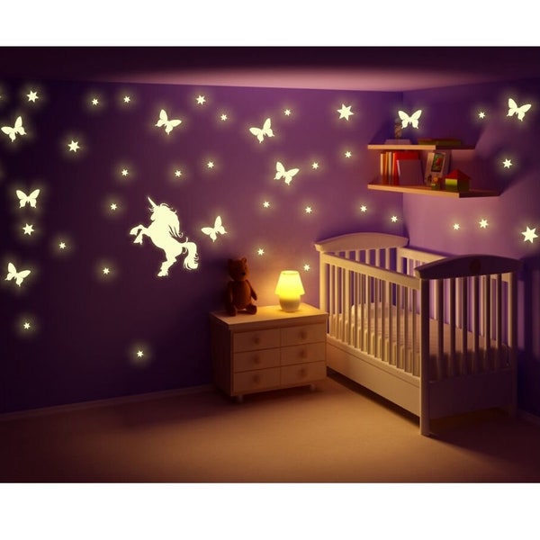 Wandtattoo nachtleuchtend Einhorn Fee Sterne Punkte Fluoreszierend Leuchtsticker Sternenhimmel Kinderzimmer Schlafzimmer