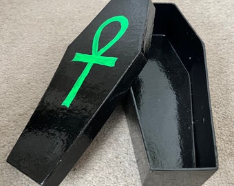 Paper mache small coffin box with green ankh