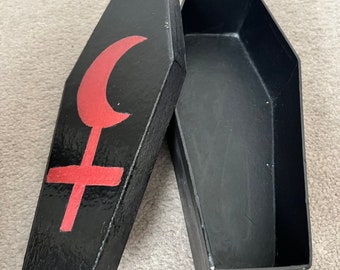 Paper mache small coffin box with red lilith symbol