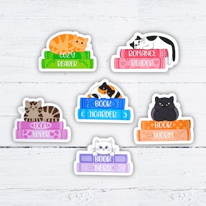 Stickers livres et chats - chat smoking, tigré orange, chat noir, chat calicot, tigré fauve, chat blanc, autocollant livre, brillant, mat, éclat holographique