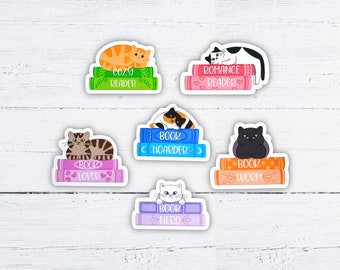 Cats and Books Stickers - Tuxedo Cat, Orange Tabby, Black Cat, Calico Cat, Tan Tabby, White Cat, Book Sticker, Glossy, Matte, Holo Shard