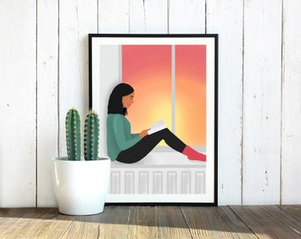 Impresión artística "Leyendo junto a la ventana" - Impresión de 8x10 - Impresión de 5x7 - Impresión de 4x6 - Impresión de pared, Arte de pared, Decoración de pared, Arte digital, Impresión digital