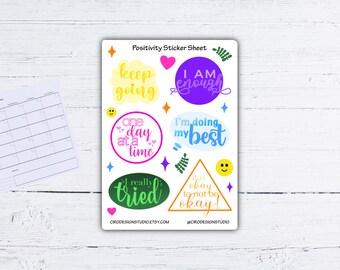 Hoja de pegatinas de positividad - Pegatinas motivacionales - Pegatinas inspiradoras - Pegatinas para cuadernos de dibujo, manualidades, diarios - Pegatinas para bujo - Pegatinas para planificadores