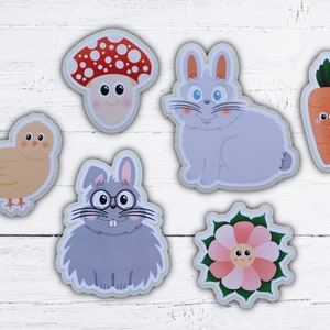 Stickers lapins et amis - lapin, lapin, poussin, poulet, carotte, fleur, champignon - Stickers BuJo, ordinateur portable, bouteille d'eau