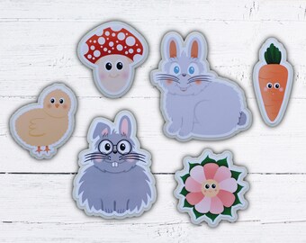 Pegatinas de Conejitos y Amigos: Conejito, Conejitos, Conejo, Pollito, Pollo, Zanahoria, Flor, Champiñón - Pegatinas para BuJo, Portátil y Botella de Agua