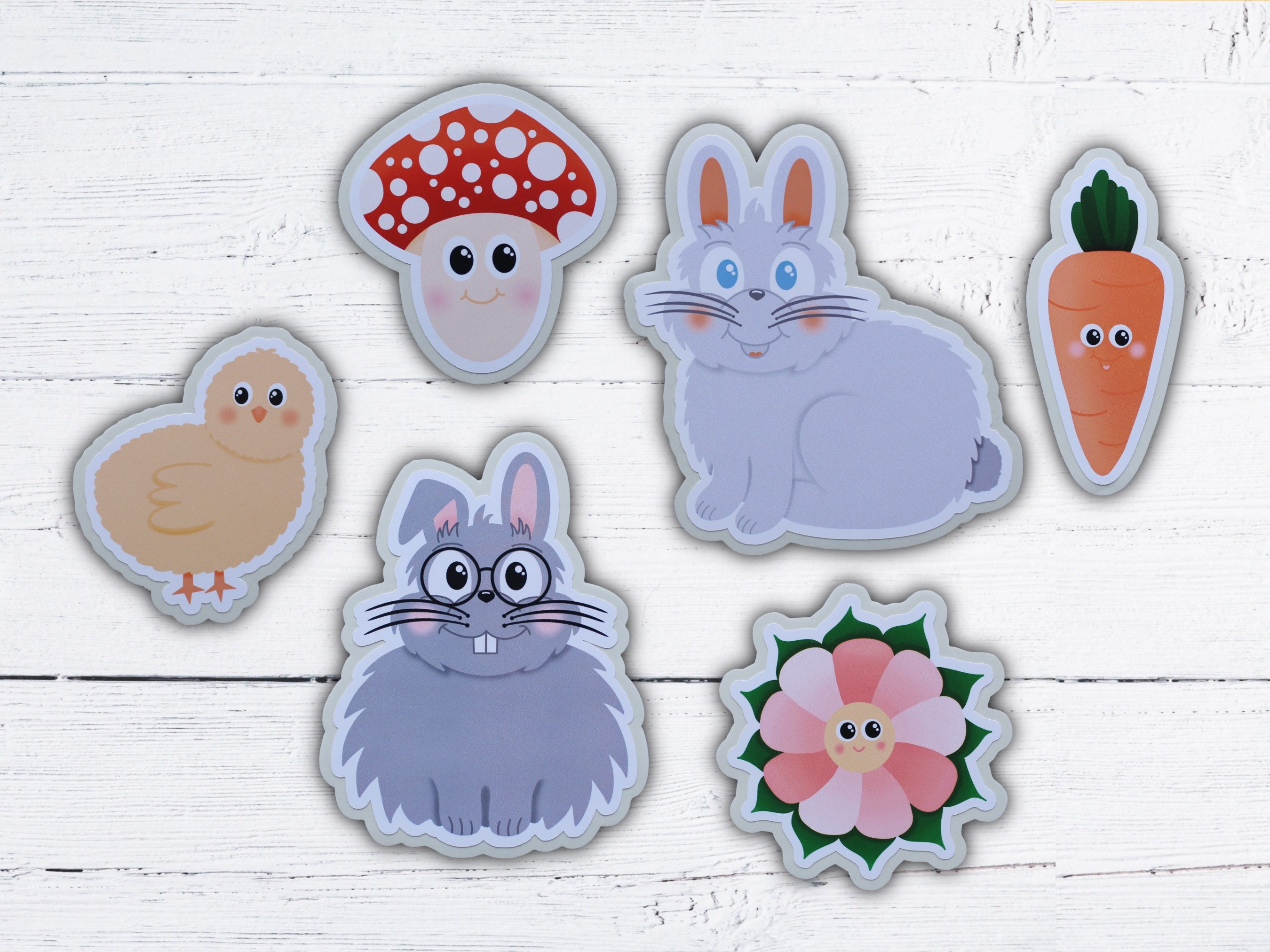 Bunnies & Friends Stickers - Bunny, Bunnies, Rabbit, Chick, Chicken, Carrot, Flower, Mushroom - BuJo, Laptop, WaterBottle Stickers