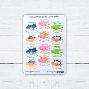 Feuille d'autocollants chats, café et livres - Stickers livresques, Sticker livre, Sticker chat, Sticker café, agenda, journal, recyclé, Stickers Bujo