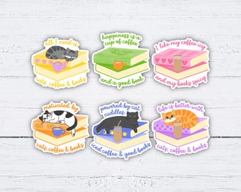 Magneti decorativi con gatti, caffè e libri - Magnete per lettori l Magnete per gatti l Magnete per caffè / Magnete per frigorifero / Magneti per lettori l Amanti dei gatti