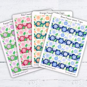 Ruban adhésif floral floral - Fleurs bleues, roses, violettes, oranges - Journal en Washi, carnet de croquis en Washi, Bujo en Washi, autocollants amovibles