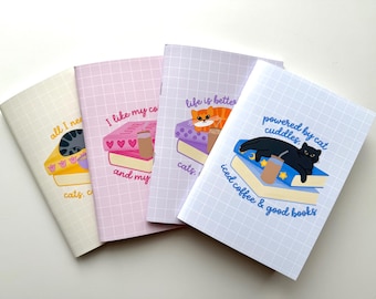 Cuadernos de gatos y libros / Cuaderno de 5x7 pulgadas / Diario hecho a mano / Papel rayado / Páginas cuadriculadas / 20 hojas / 40 páginas