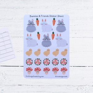 Feuille d'autocollants lapins et amis - lapin, lapins, carotte, champignon, poussin, fleur - autocollants pour agenda, journal, recyclé, autocollants Bujo