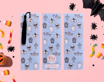 Halloween-bladwijzer | Spookachtige bladwijzer - spook, vleermuis, graf, skelet, schedel, pompoen, lantaarn, boekenliefhebber, lezen, leuke bladwijzer