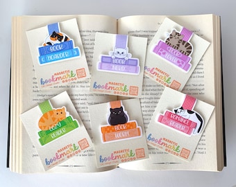 Marcador de Livros Magnético Gatos e Livros | Marcador de Livros de Gato | Marcador de Livros Literário | Marcador de Livros para Amantes de Gatos, Marcador de Livros Kawaii, Marcador de Livros Artesanal