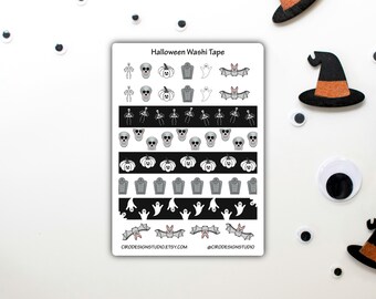 Halloween-washitape - Spooky Season Washi - geest, vleermuis, skelet, schedel, graf en pompoen - dagboek, schetsboek, Bujo verwijderbare sticker