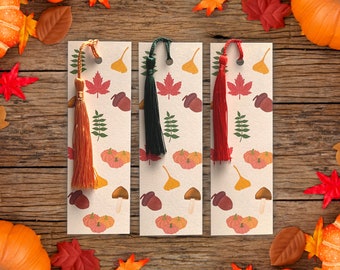 Fall Bookmark | Autumn Bookmark, Cozy Season, Leaves, Acorn, Pumpkins, Kawaii Bookmark, Book Lover, Reading, Cute Bookmark