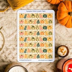 May include: A sheet of Pumpkin Patch Washi Tape with rows of pumpkins and gourds in orange, green, and pink. The tape has a yellow background with black polka dots. The text "Pumpkin Patch Washi Tape" is at the top.