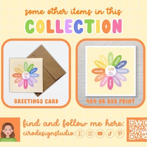 Pu&ograve; includere: Un biglietto d'auguri e una stampa con un fiore arcobaleno con le parole "You Are" al centro e affermazioni positive intorno ai petali. Il testo "some other items in this COLLECTION" &egrave; in alto nell'immagine. Il testo "GREETINGS CARD" &egrave; sotto l'immagine della carta. Il testo "4X4 OR 8X8 PRINT" &egrave; sotto l'immagine della stampa. Il testo "find and follow me here: cirodesignstudio: E  P" &egrave; in basso nell'immagine.