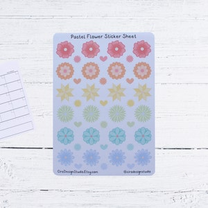 Feuille d'autocollants fleurs pastel - Stickers fleurs pastel - Stickers fleurs - carnet de croquis, travaux manuels, journal, recyclé, Bujo, agenda