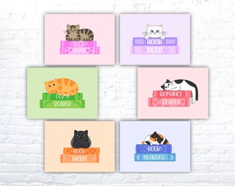 Lámina artística "Gatos y libros": regalo para amantes de los libros (5x7)