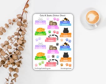 Hoja de pegatinas de gatos y libros: pegatinas de gatos, pegatinas de libros, pegatinas de libros, pegatinas para lectores, pegatinas para planificadores, pegatinas para Bujo
