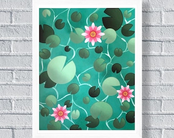 Impresión artística de estanque de nenúfares - Impresión de 8x10 - Impresión de 5x7 - Impresión de 4x6 - Impresión de pared, Arte de pared, Decoración de pared, Arte digital, Impresión digital