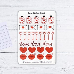 Hoja de pegatinas de amor: amor, corazón, beso, llave, tarro de corazones, cartas de amor. Pegatinas para planificador, manualidades, diario, pegatinas recicladas, pegatinas para bujo.