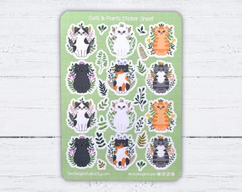 Hoja de pegatinas de gatos y plantas - Pegatinas de gatos, plantas, botánicas, planificadores, diarios y bujos