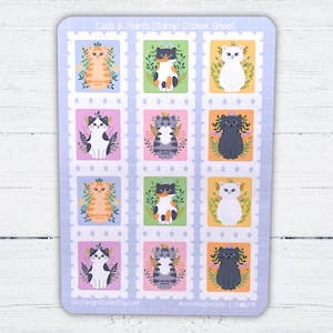 Feuille d&#39;autocollants pour tampons chats et plantes - Stickers chat, Stickers plantes, floral, botanique, félin - Sticker agenda, Sticker journal, Sticker Bujo