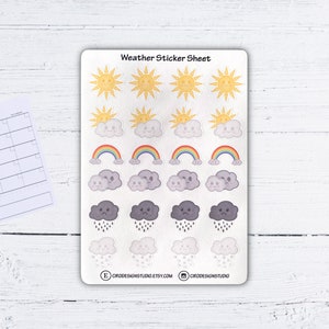 Feuille d'autocollants météo - Stickers arc-en-ciel, soleil, nuages, pluie et neige - Stickers humeur - Stickers agenda, carnet recyclé, stickers Bujo