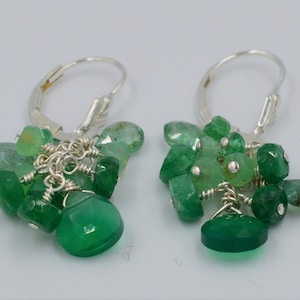 Emerald and Onyx Earrings * Green Clusters * Gemstone * Sterling Silver * May Birthstone * Gift