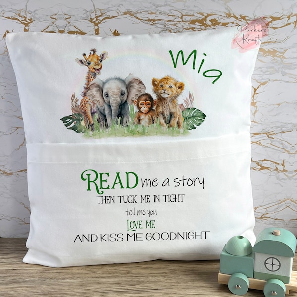 Personalised Book Cushion, Children's Stories, Pocket Cushion, Pillow, Pocket Book Cushion, Tuck Me In, Safari Pocket Cushions