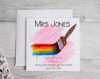 Personalised Teacher Cards, Paint brush cards, Rainbow, Teacher name, Teachers gifts, Thank you cards