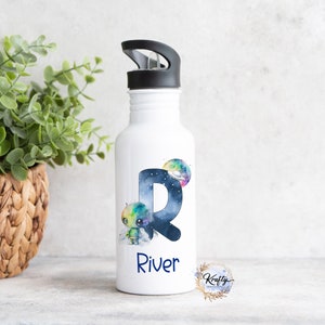 May include: White water bottle with a blue and black letter R, a green alien, and a galaxy design. The name "River" is printed below the letter.