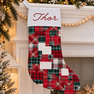 Personalized Plaid Christmas Stocking, Handmade Patchwork, Embroidered Name, Rustic Farmhouse Holiday Decor